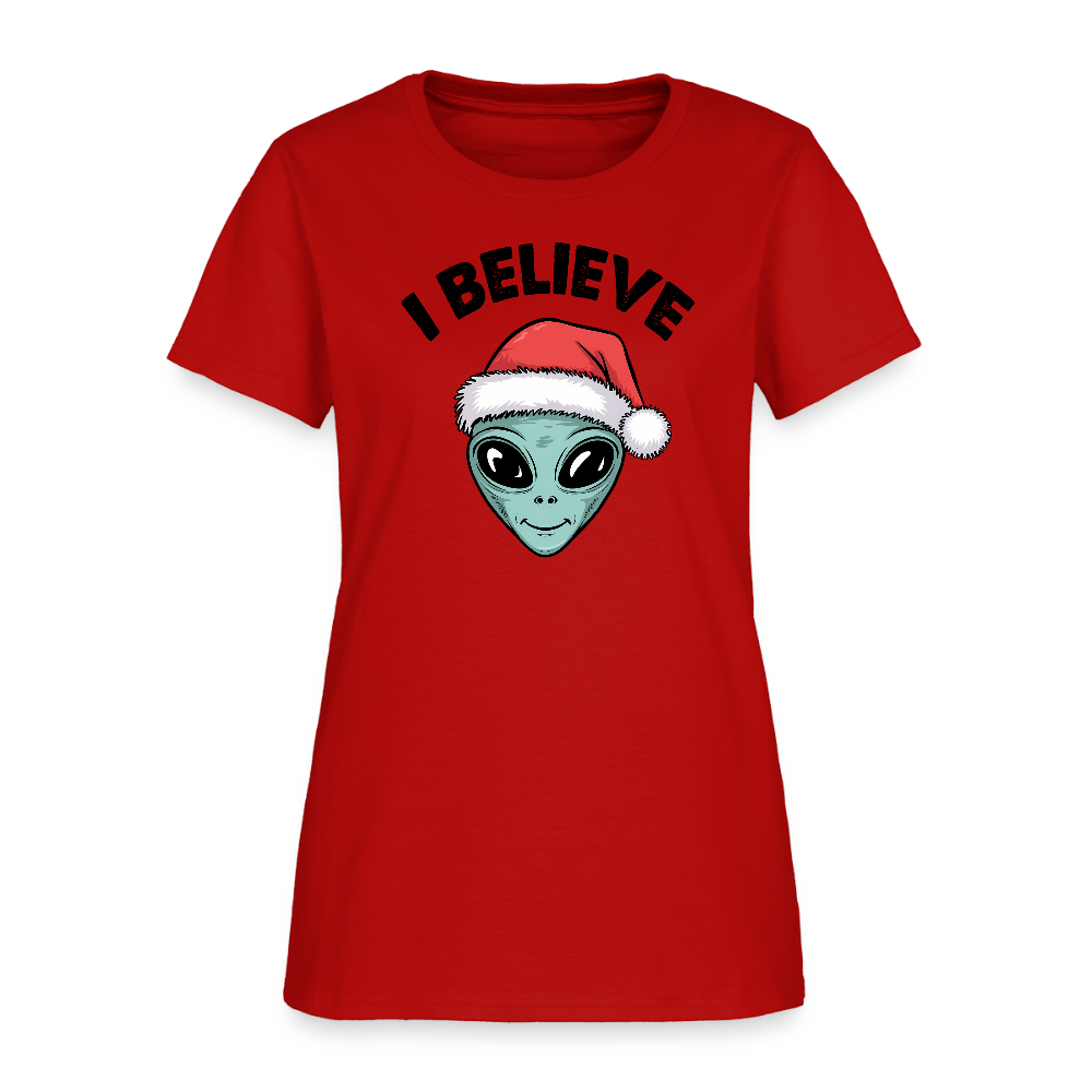 I Believe in Santa Women’s T-Shirt – Alien Christmas Tee Color: red
