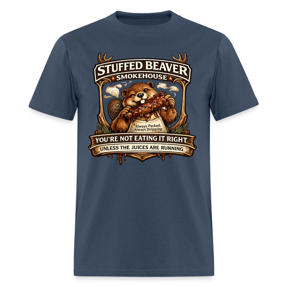 Stuffed Beaver Smokehouse Funny T-Shirt Color: Blue Dusk