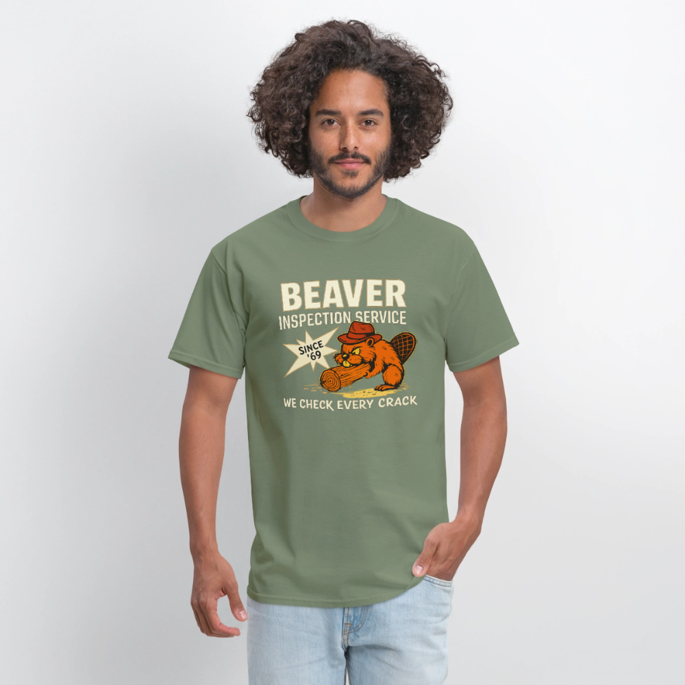 Beaver Inspection Service T-Shirt – Funny Adult Humor Tee Color: blue dusk