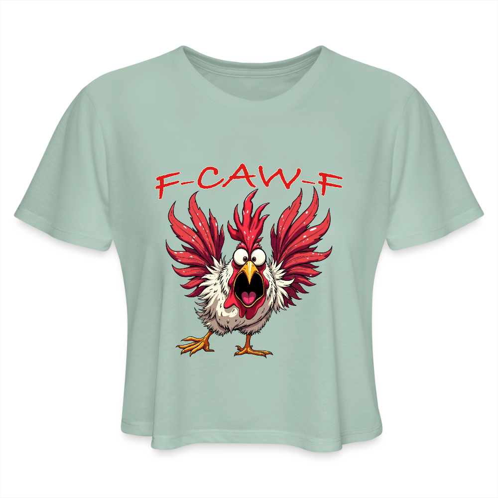 F-CAW-F Women’s Crop Tee – Funny Rooster Shirt Color: dusty mint blue