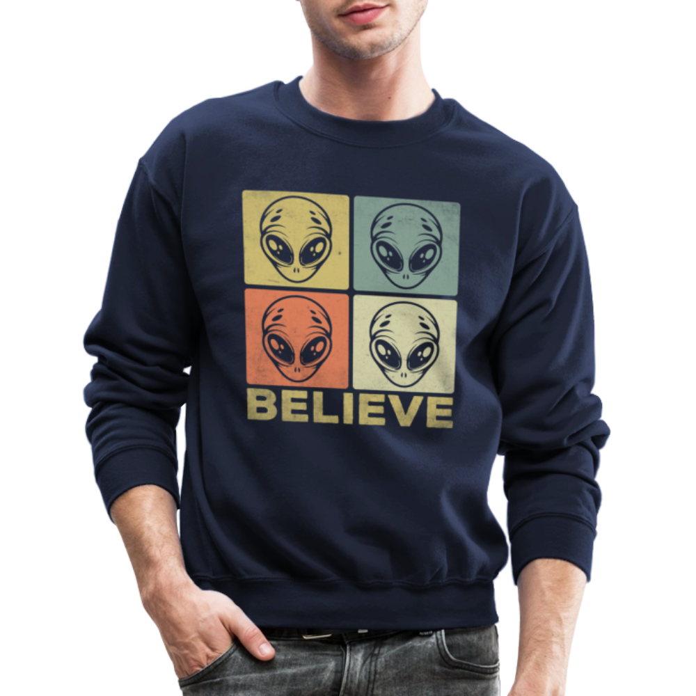 Believe Alien Sweatshirt – Fun UFO Style with Alien Faces Color: asphalt gray