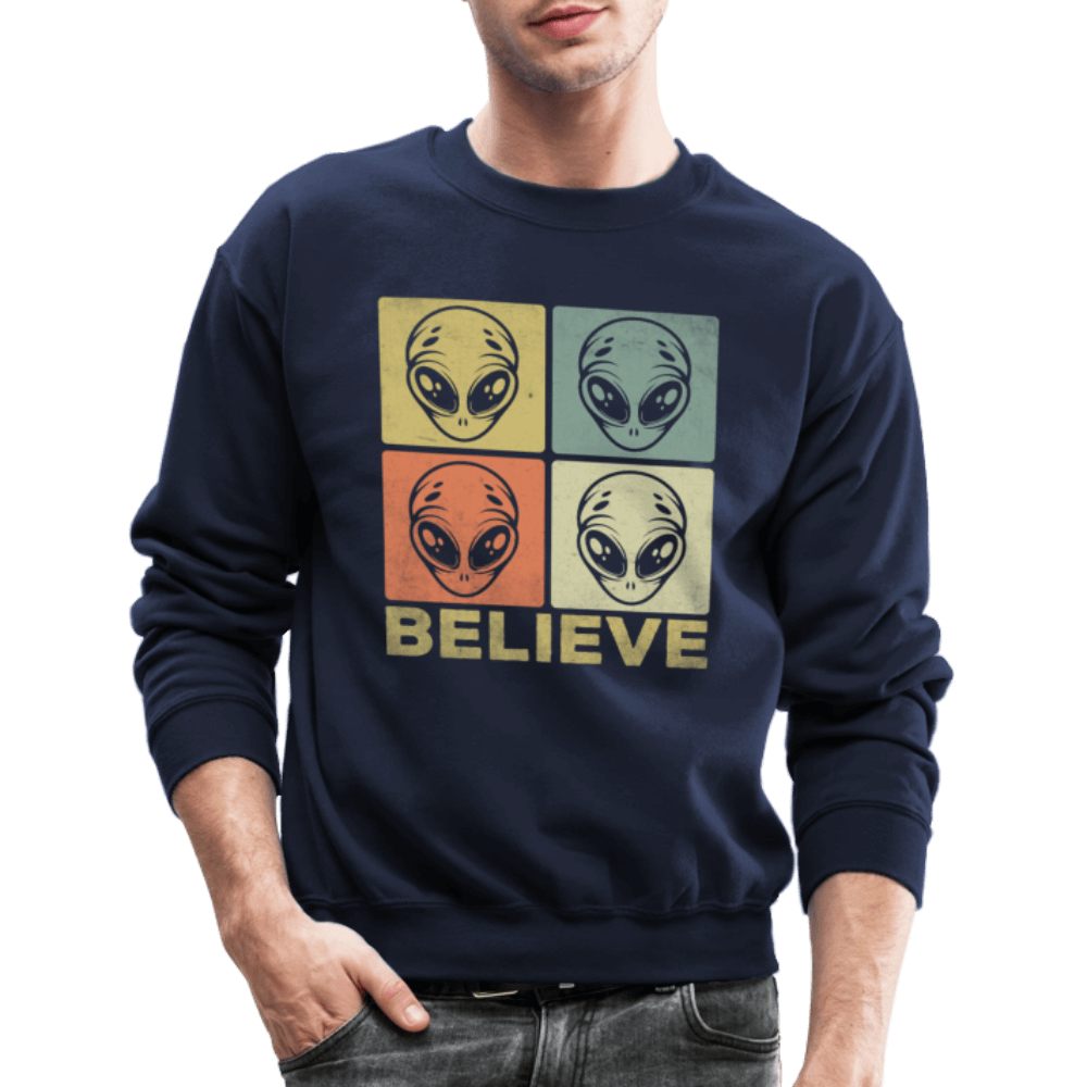 Believe Alien Sweatshirt – Fun UFO Style with Alien Faces Color: asphalt gray