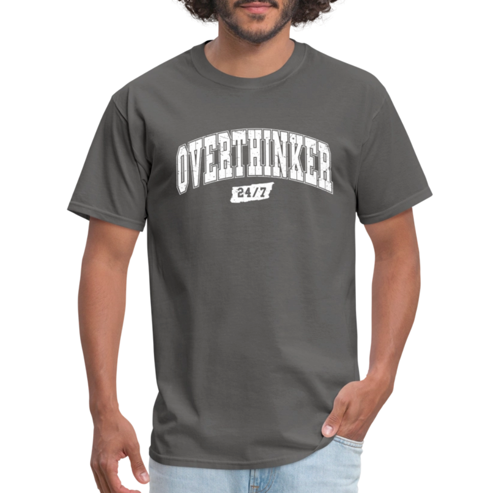 Overthinker 24/7 Funny T-Shirt – White Arched Letters Color: heather black