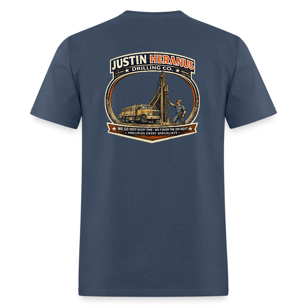 Justin Heranus Drilling Co Double Sided Funny Humor Tee - blue dusk