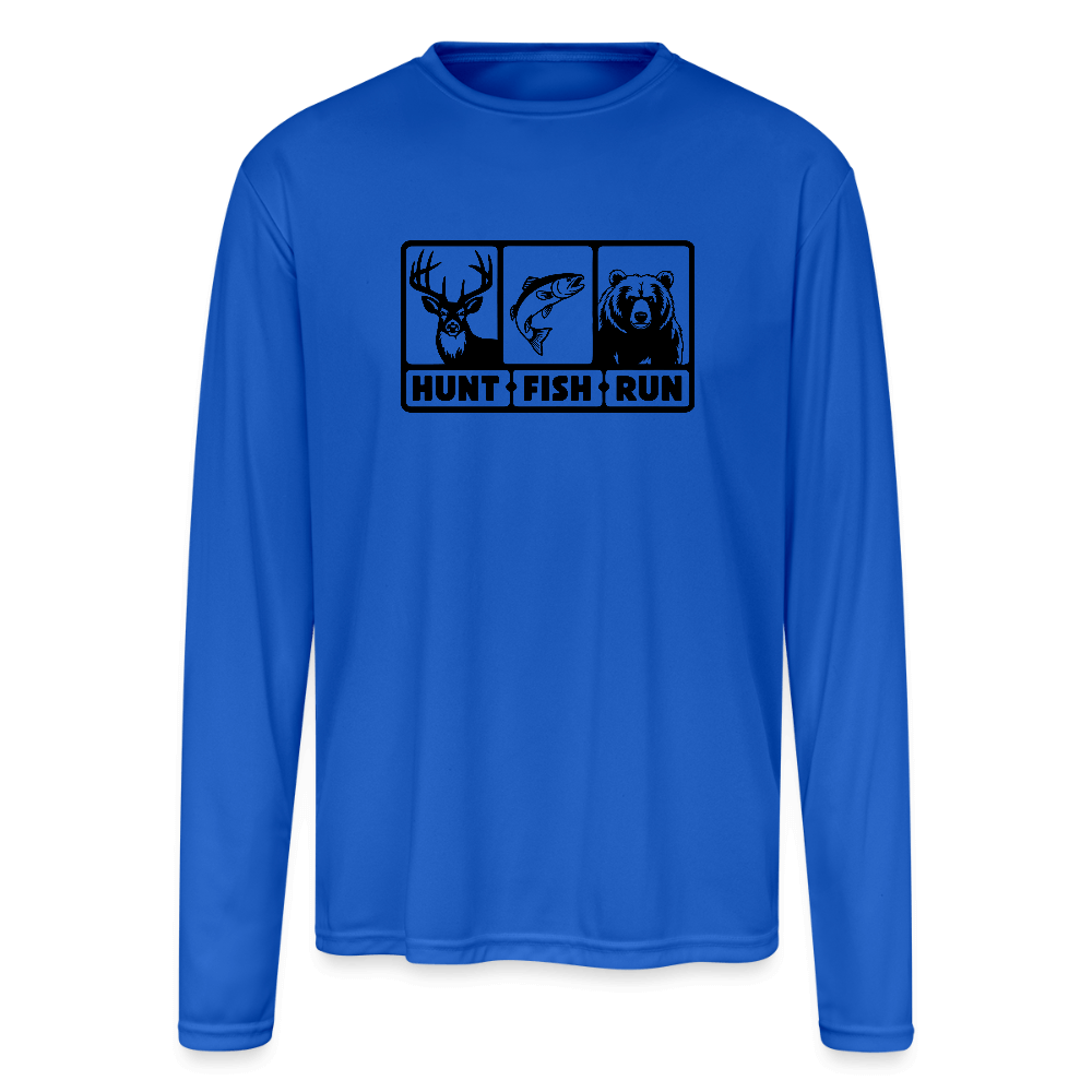 Hunt Fish Run Performance Tee – Funny Outdoor Shirt Color: royal blue