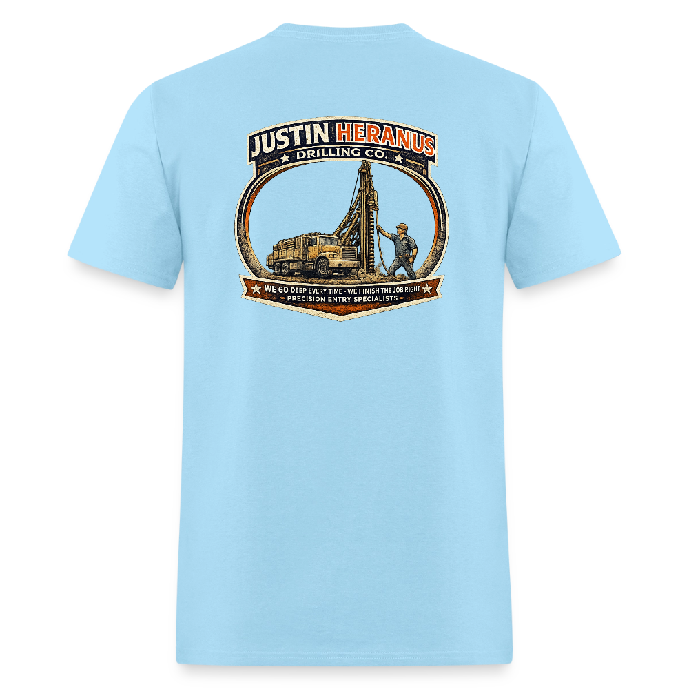 Justin Heranus Drilling Co Double Sided Funny Humor Tee - powder blue