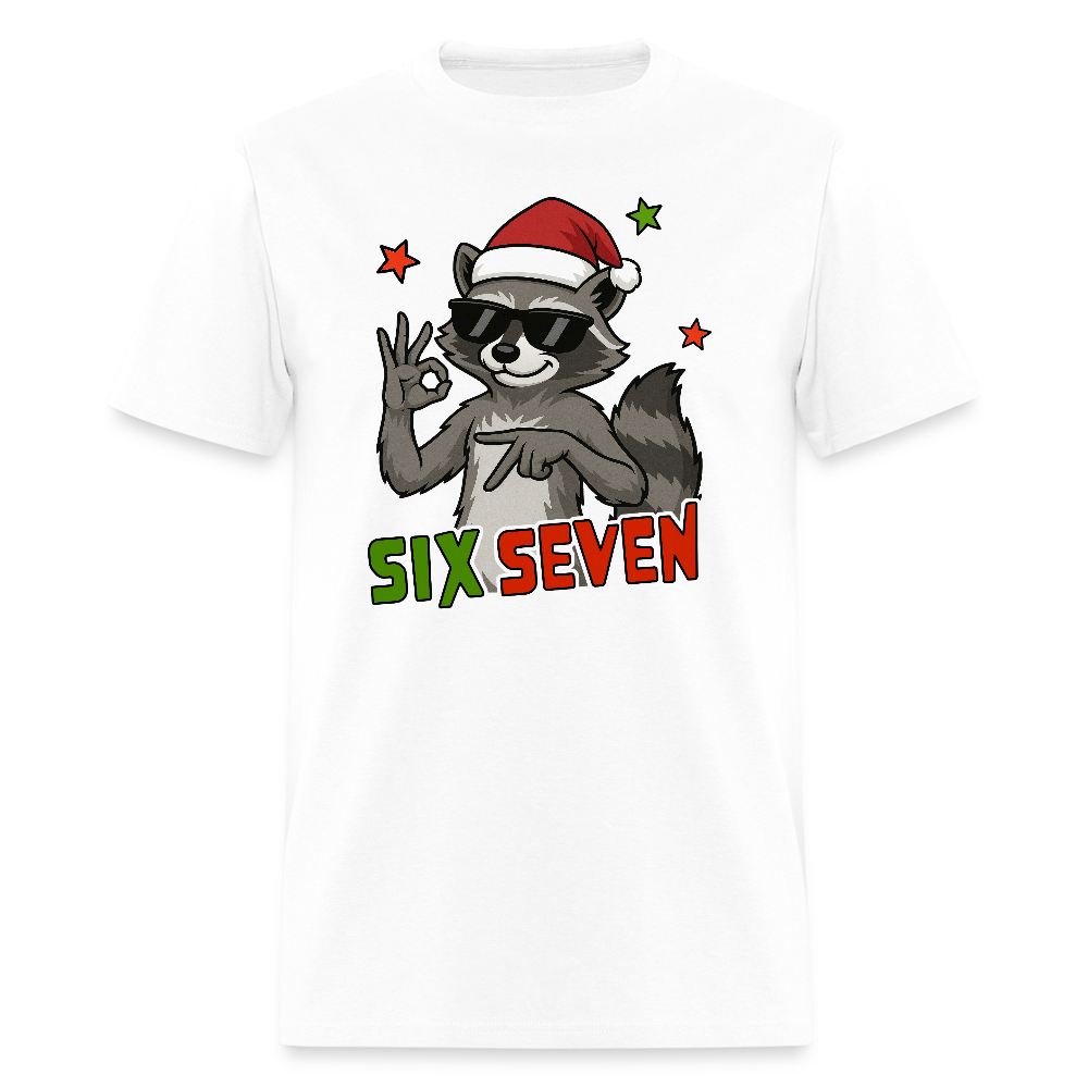 Six Seven 67 Raccoon Wearing Christmas Hat T-Shirt - white