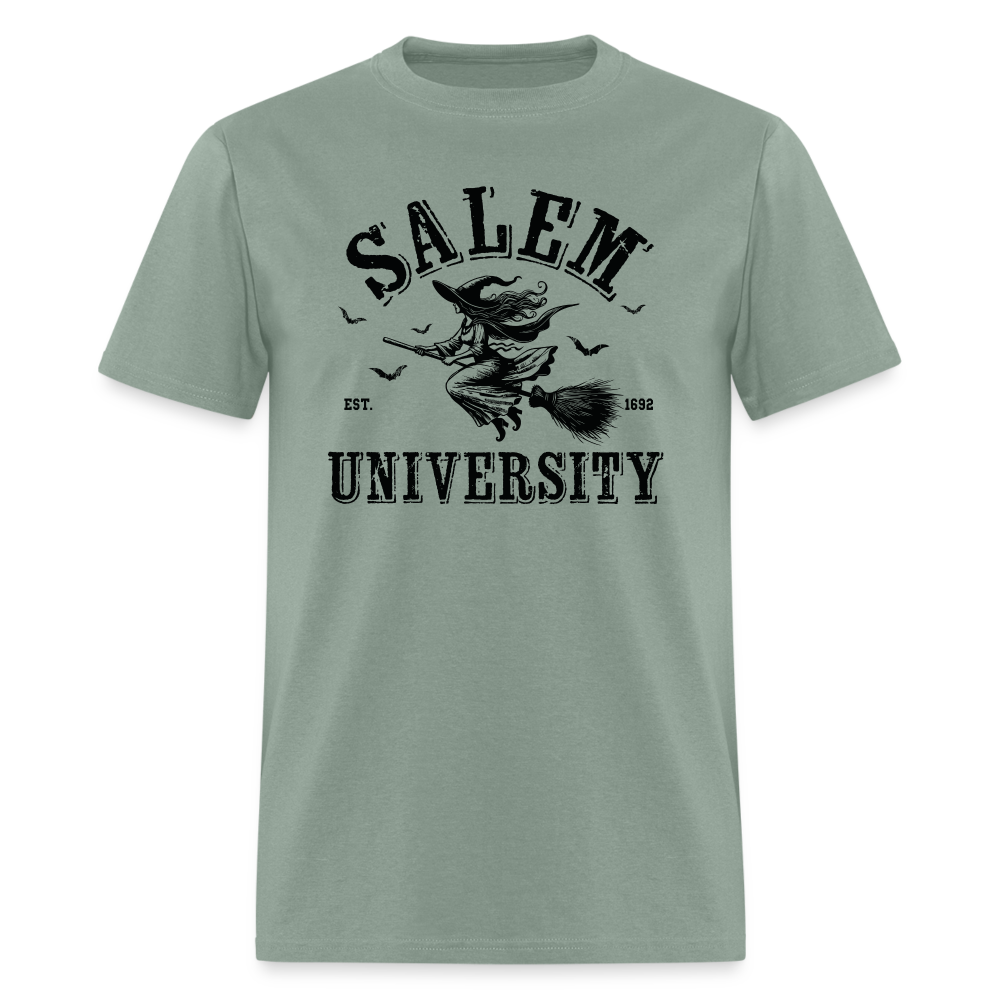 Salem University T-Shirt (Halloween Witch Riding Broom) - sage