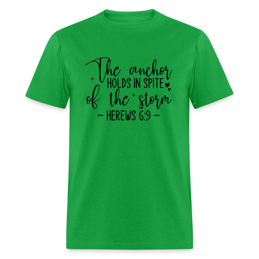 The Anchor Holds in Spit of the Storm T-Shirt (Hebrews 6:9) - bright green