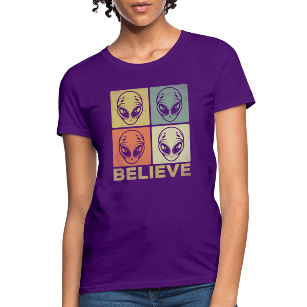 Believe Alien Women’s T-Shirt – Cute UFO Style with Alien Faces Color: black