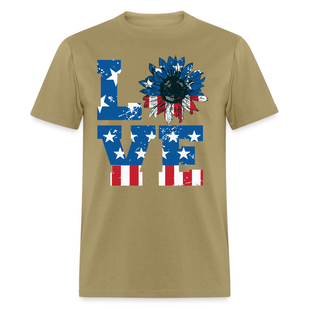 Love Sunflower American Flag T-Shirt (Patriotic Love Tee) Color: khaki