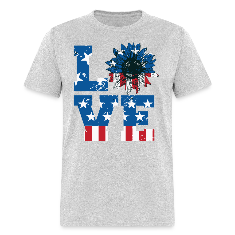 Love Sunflower American Flag T-Shirt (Patriotic Love Tee) Color: heather gray