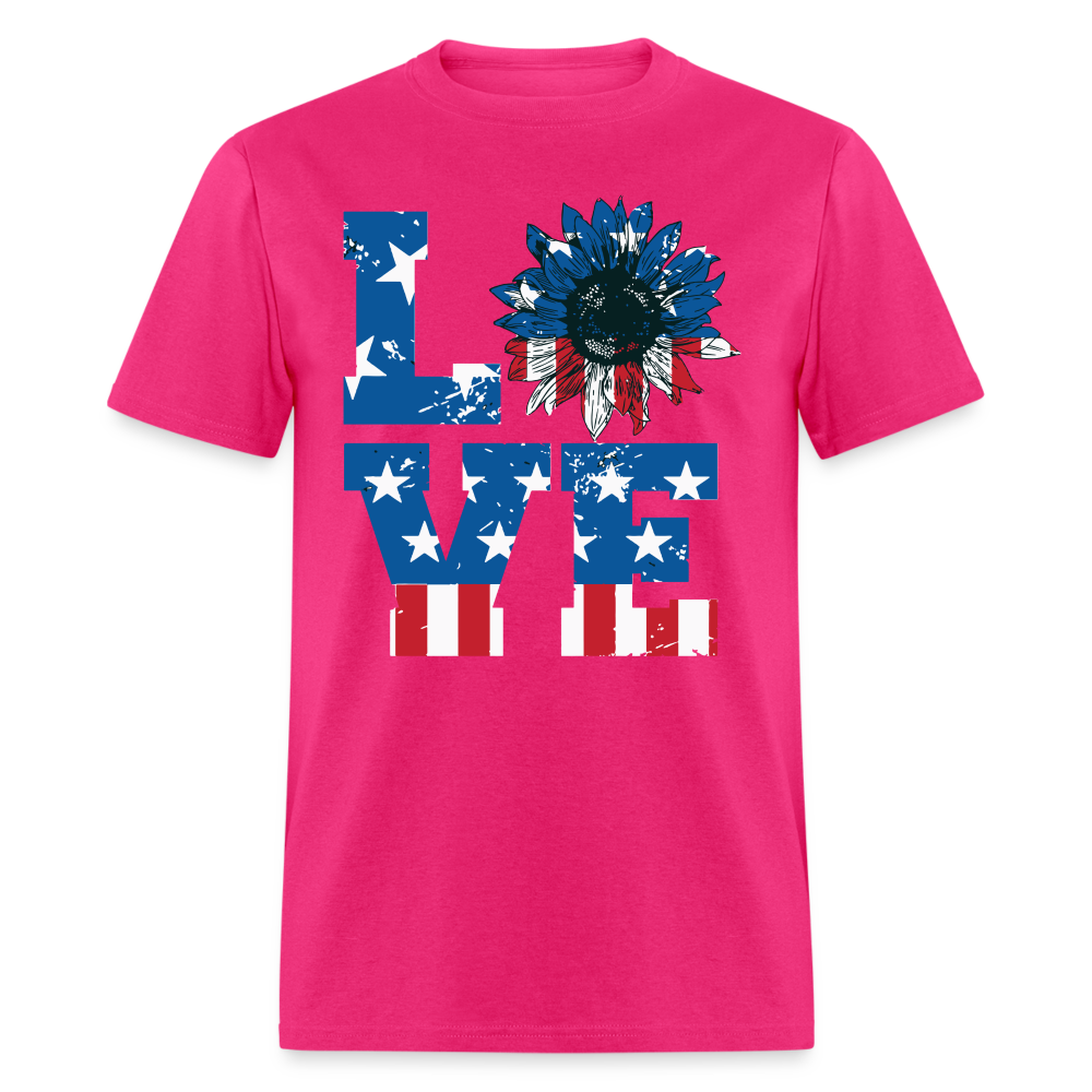 Love Sunflower American Flag T-Shirt (Patriotic Love Tee) Color: fuchsia
