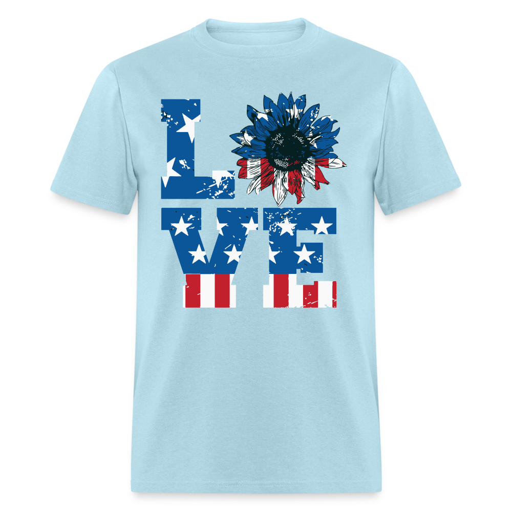 Love Sunflower American Flag T-Shirt (Patriotic Love Tee) Color: powder blue