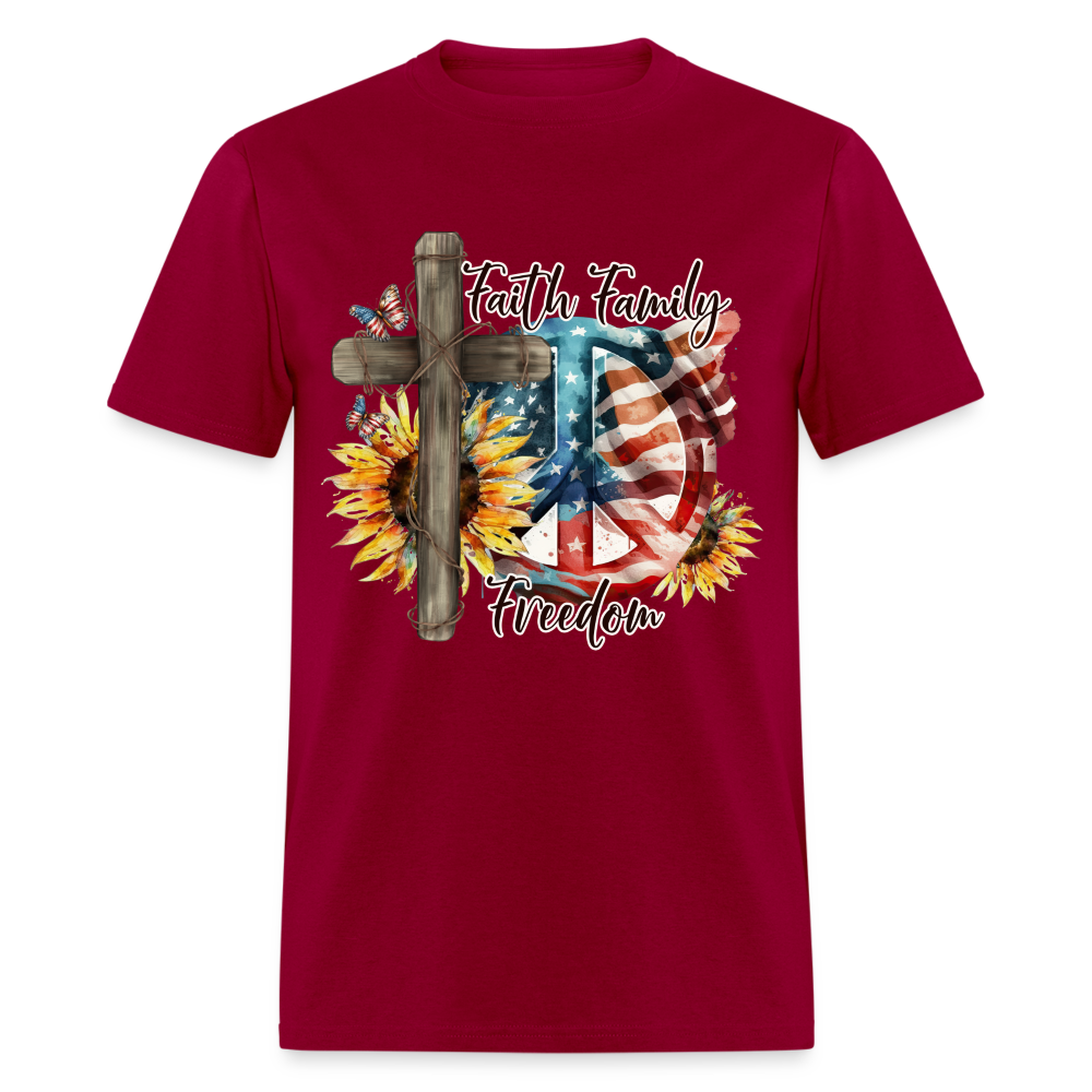Faith Family Freedom T-Shirt (Patriotic & Faithful Tee) Color: dark red