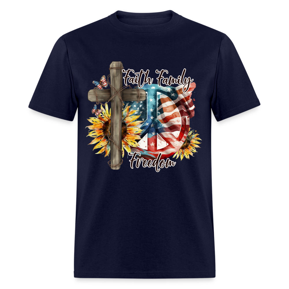 Faith Family Freedom T-Shirt (Patriotic & Faithful Tee) Color: navy