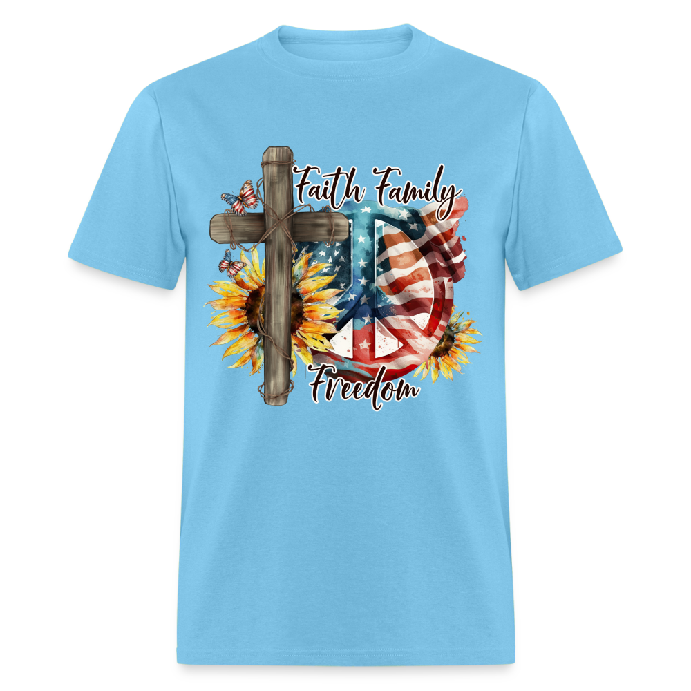 Faith Family Freedom T-Shirt (Patriotic & Faithful Tee) Color: aquatic blue