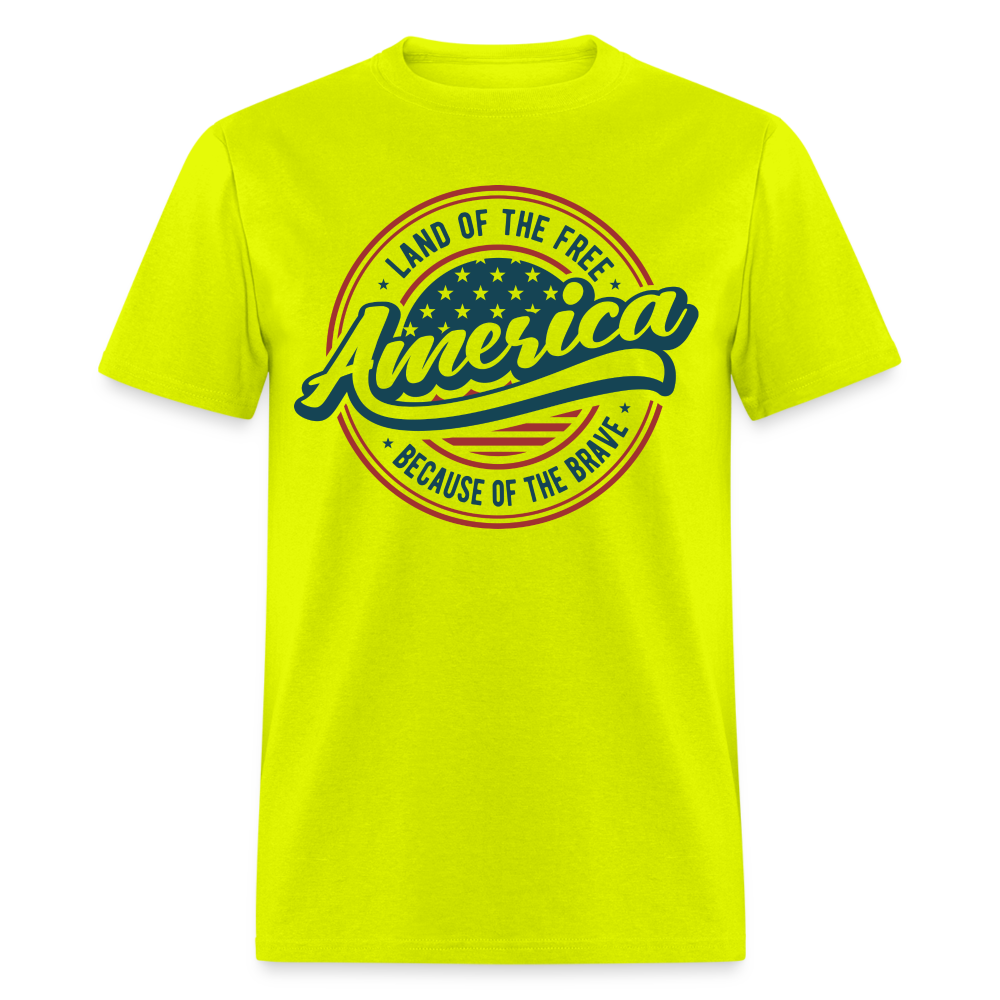 American Land of the Free T-Shirt (Because Of The Brave) Color: safety green