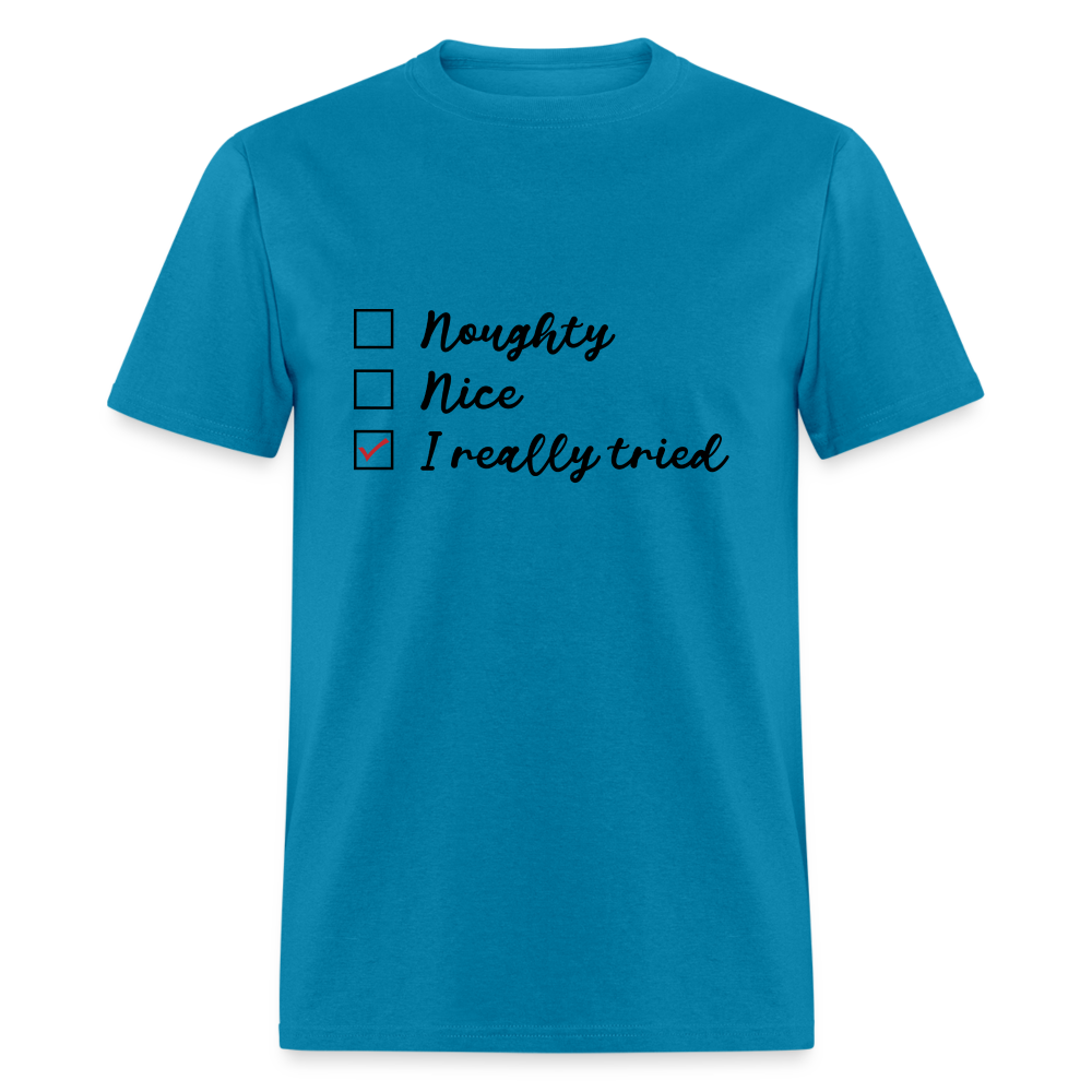 Naughty, Nice, I Really Tried T-Shirt (Naughty or Nice Fun Tee) Color: turquoise