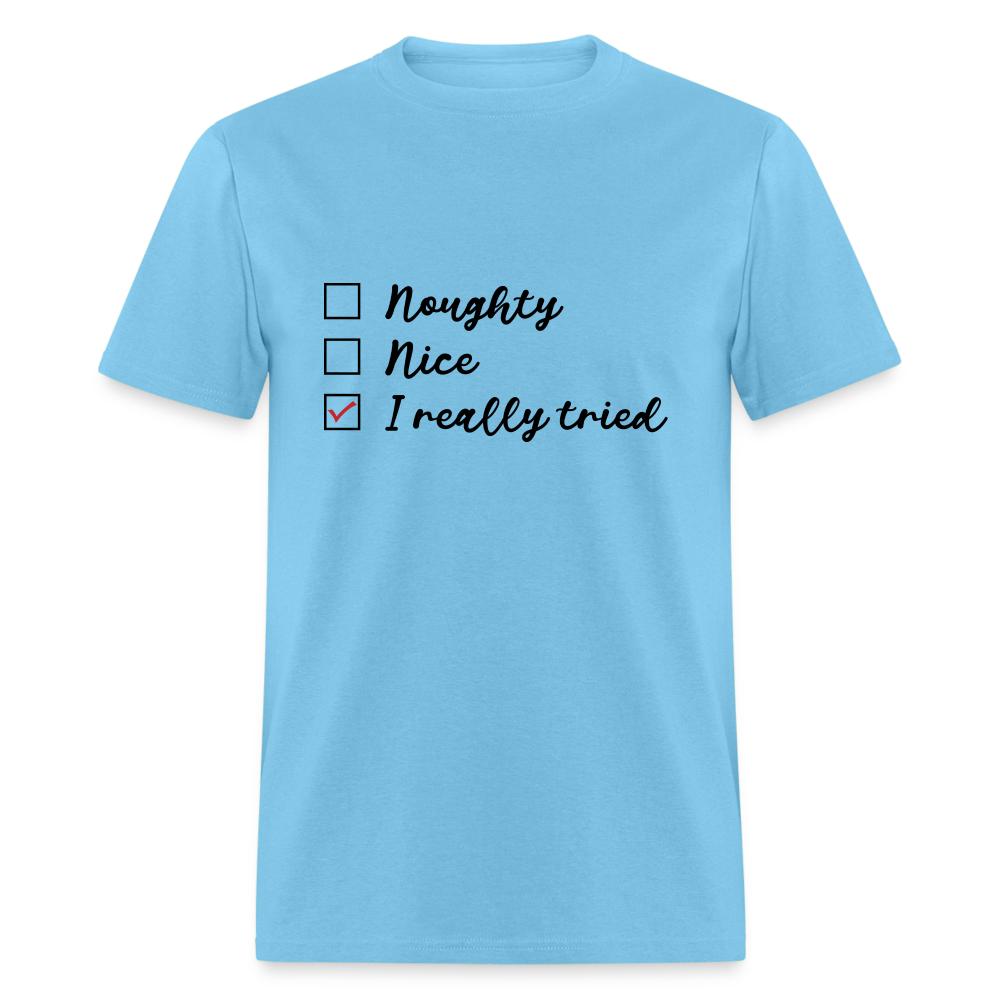 Naughty, Nice, I Really Tried T-Shirt (Naughty or Nice Fun Tee) Color: aquatic blue