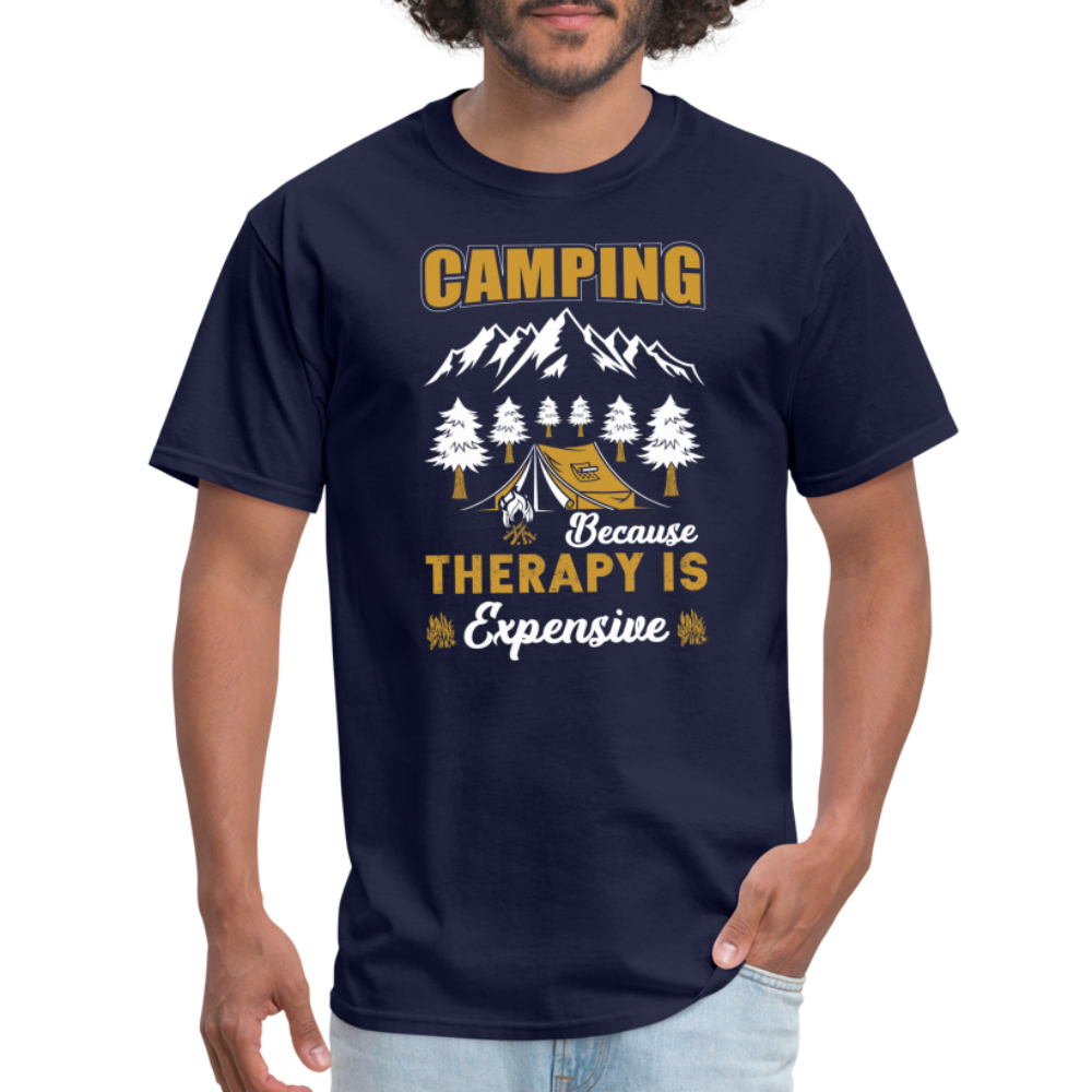 Camping Because Therapy is Expensive T-Shirt Color: navy