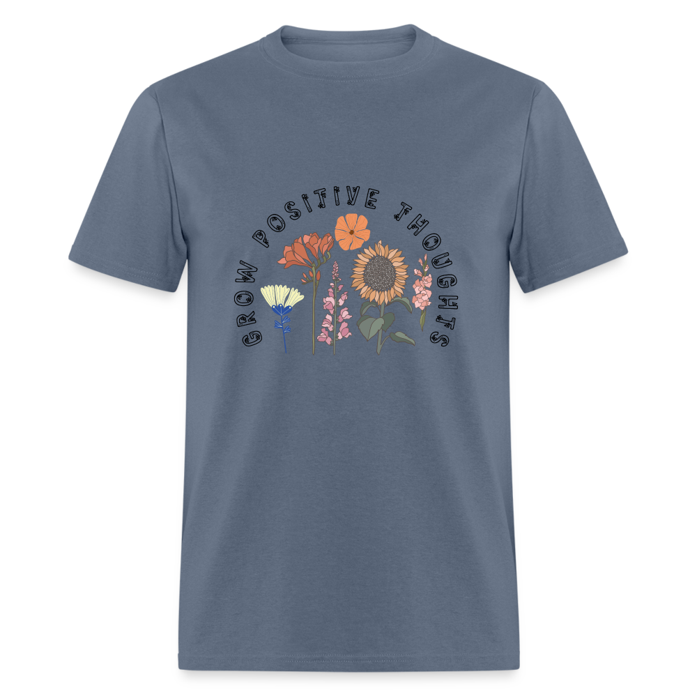 Grow Positive Thoughts T-Shirt - (Floral Design Pattern) - denim