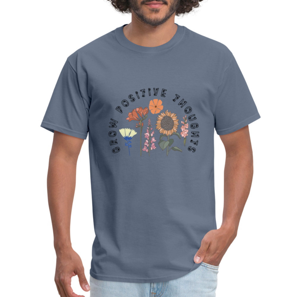 Grow Positive Thoughts T-Shirt - (Floral Design Pattern) - denim