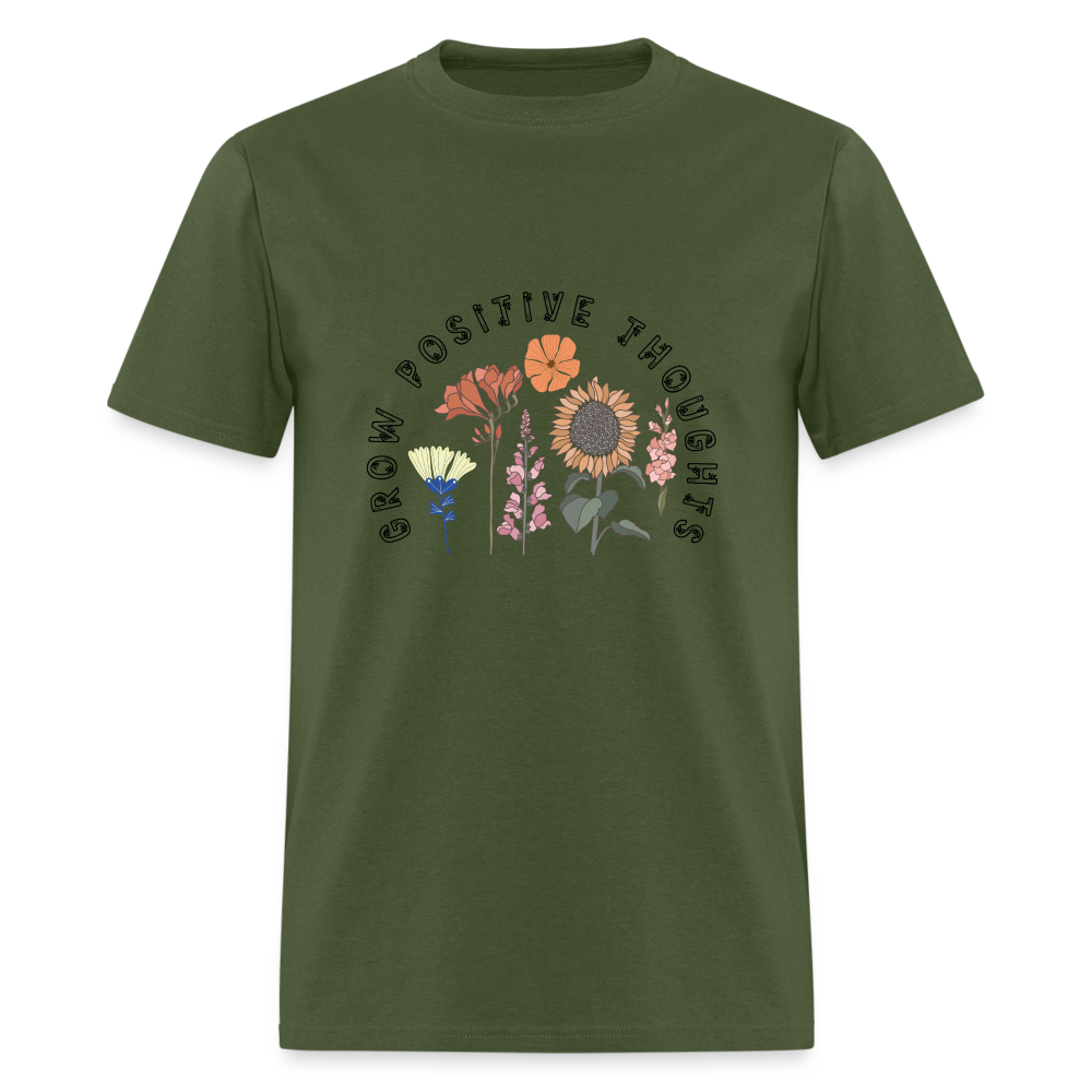 Grow Positive Thoughts T-Shirt - (Floral Design Pattern) - military green