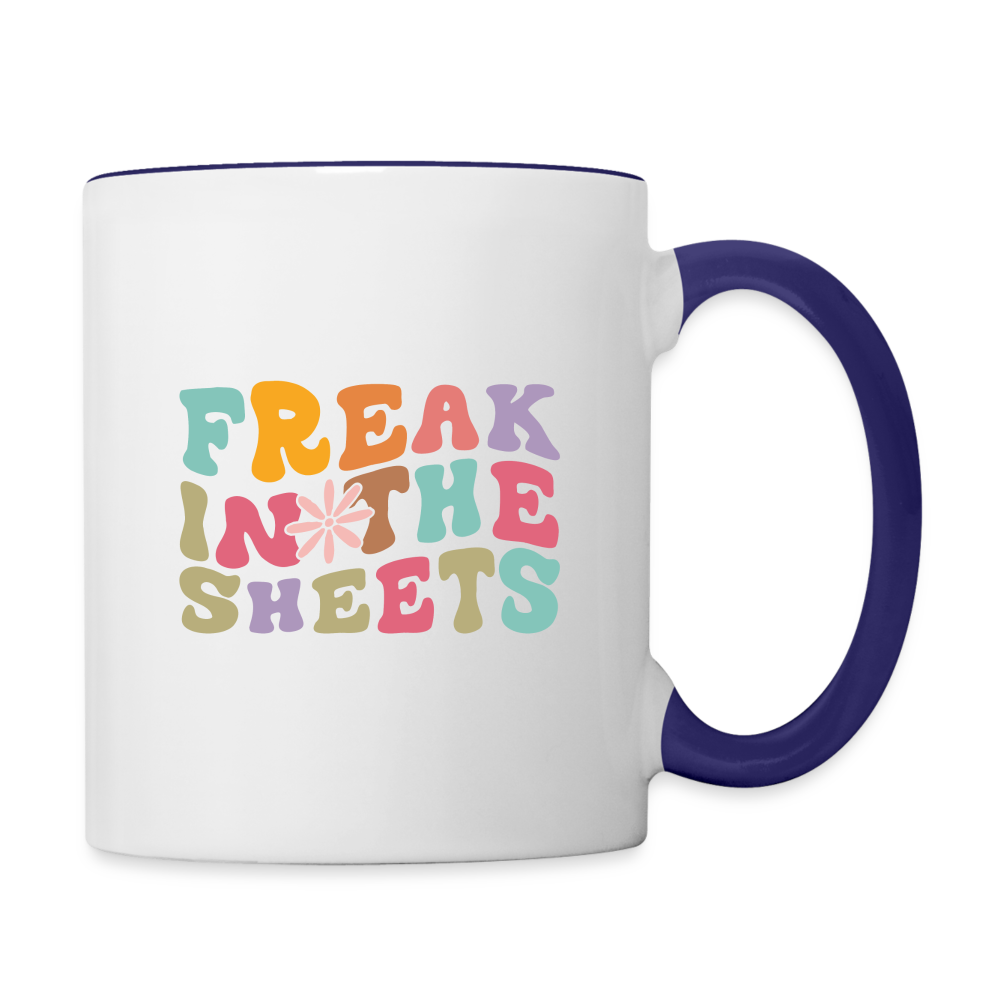 Freak In The Sheets Coffee Mug Color: white/cobalt blue