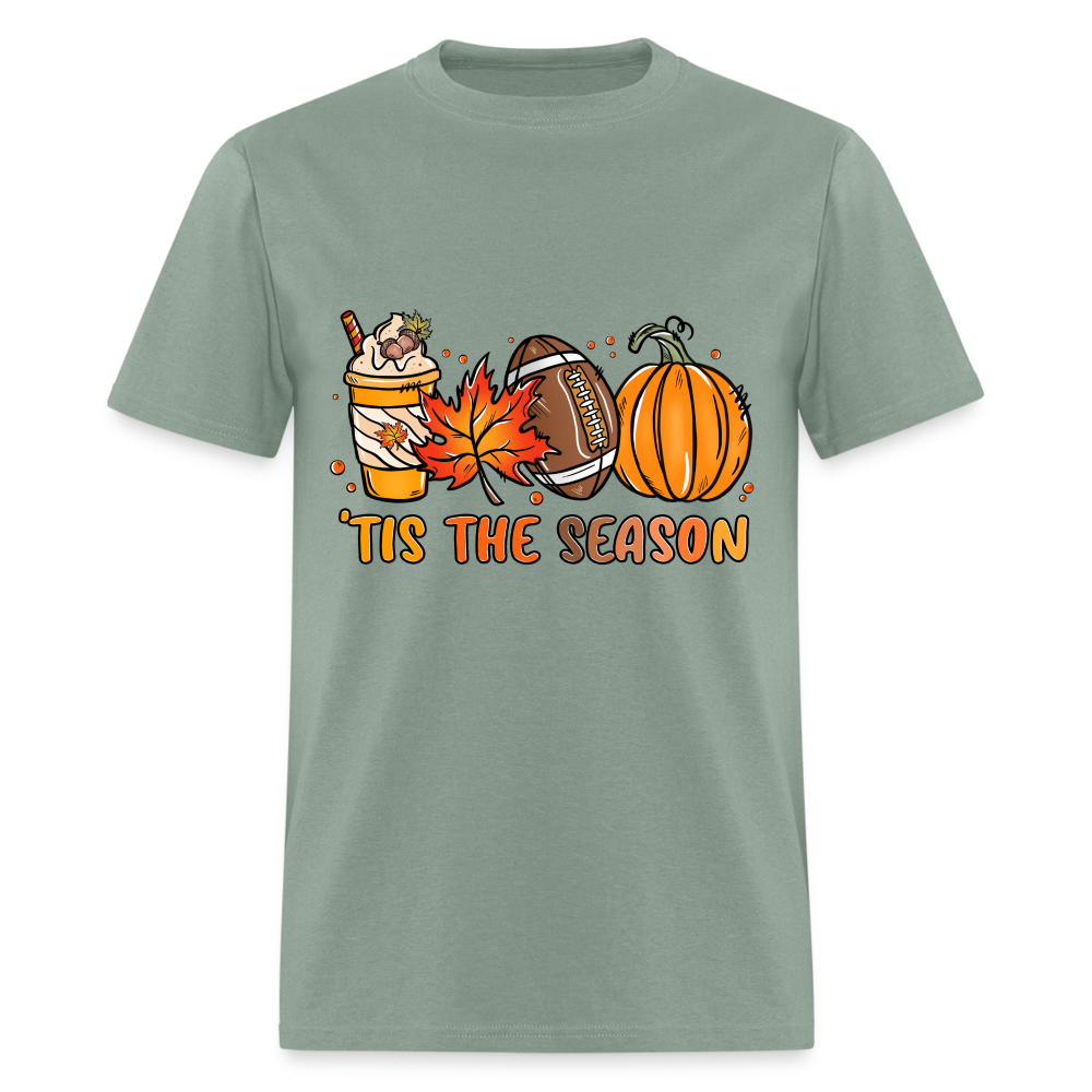 Tis The Season T-Shirt (Fall, Football, Pumpkins) - sage