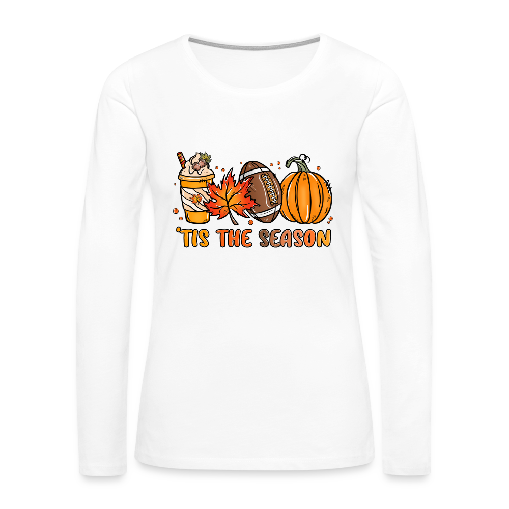 Tis The Season Women's Premium Long Sleeve T-Shirt (Fall, Pumpkins & Football) Color: heather burgundy