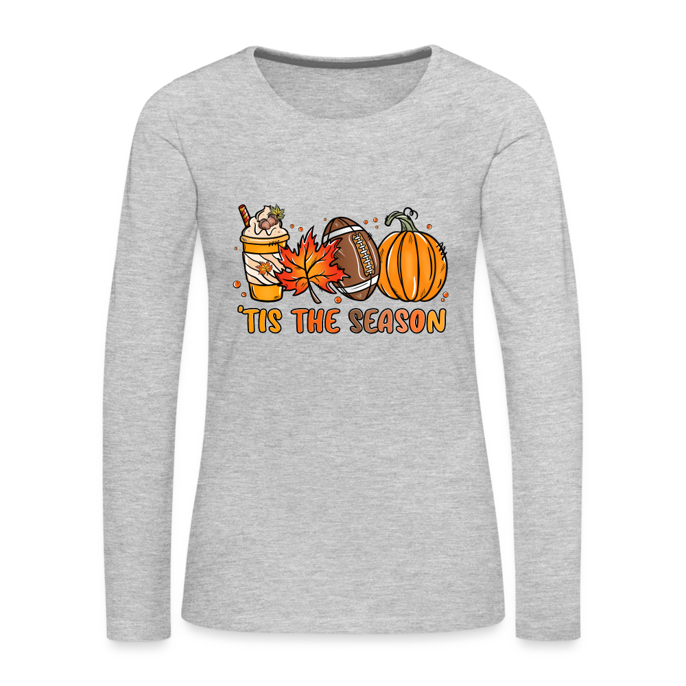 Tis The Season Women's Premium Long Sleeve T-Shirt (Fall, Pumpkins & Football) Color: heather gray