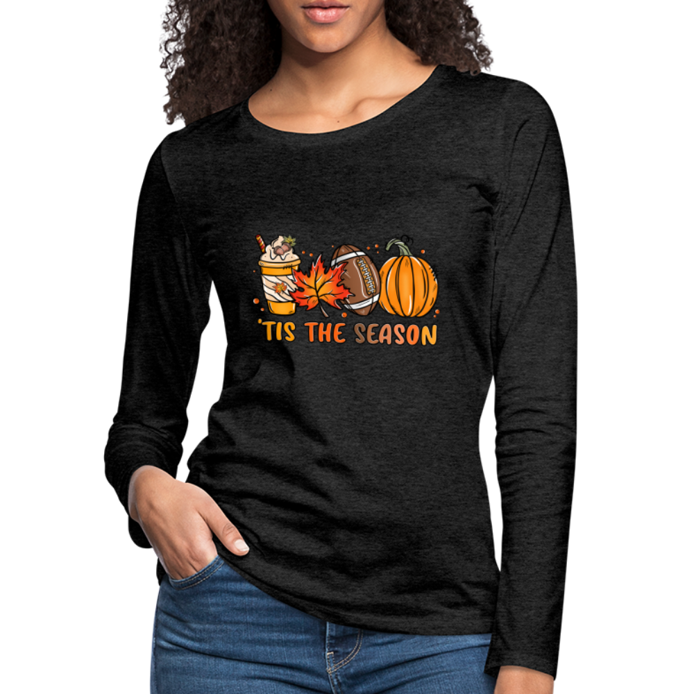 Tis The Season Women's Premium Long Sleeve T-Shirt (Fall, Pumpkins & Football) Color: charcoal grey