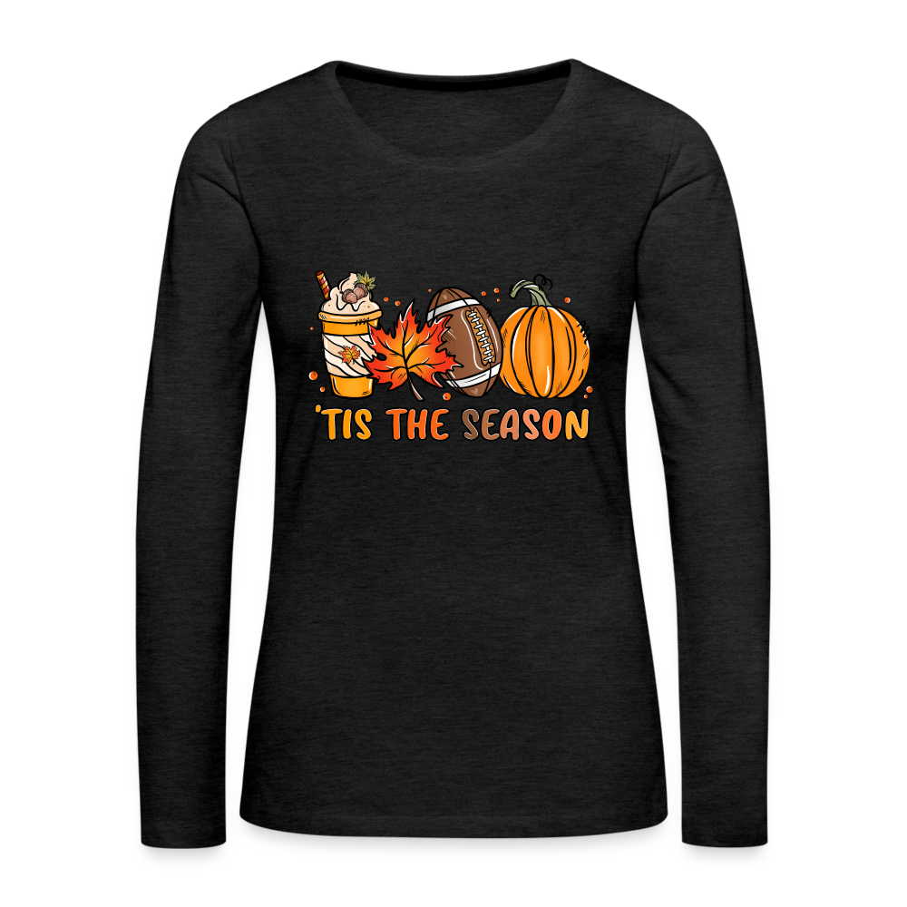 Tis The Season Women's Premium Long Sleeve T-Shirt (Fall, Pumpkins & Football) Color: heather burgundy