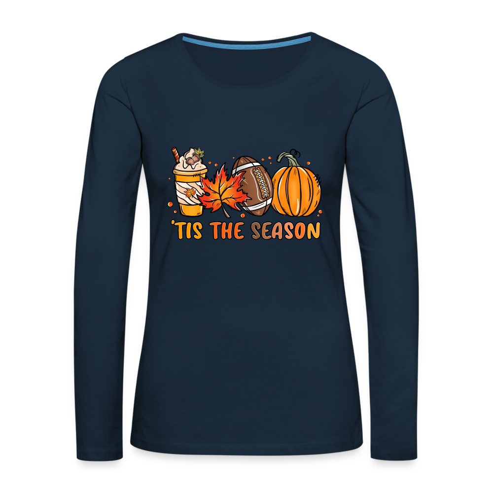 Tis The Season Women's Premium Long Sleeve T-Shirt (Fall, Pumpkins & Football) Color: deep navy