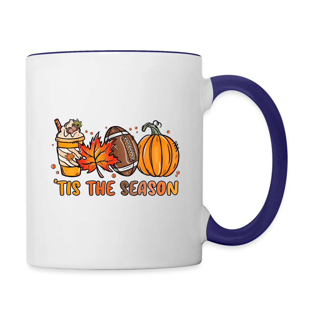 Tis The Season Coffee Mug (Fall/Autumn, Pumpkins & Football) Color: white/cobalt blue