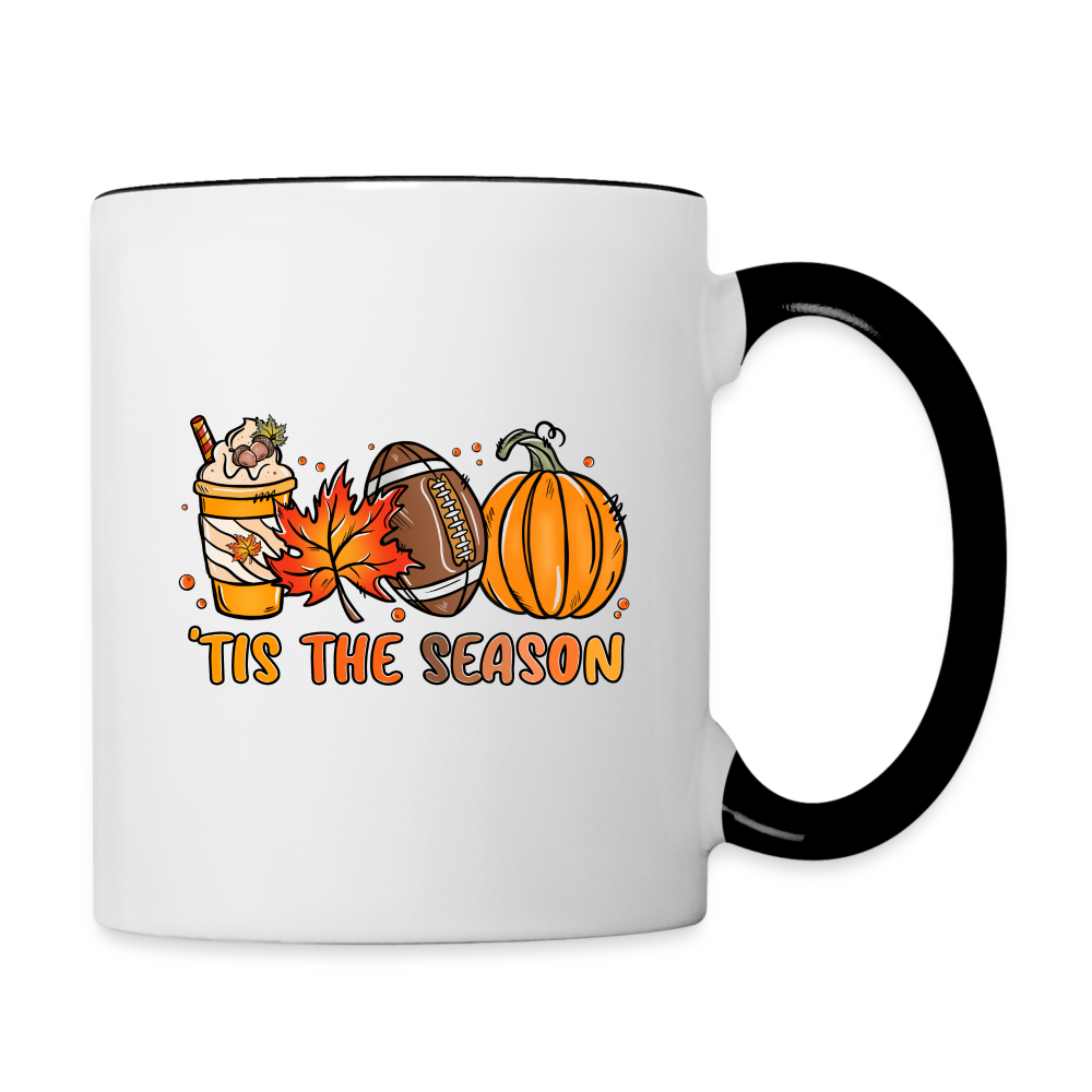 Tis The Season Coffee Mug (Fall/Autumn, Pumpkins & Football) - white/black