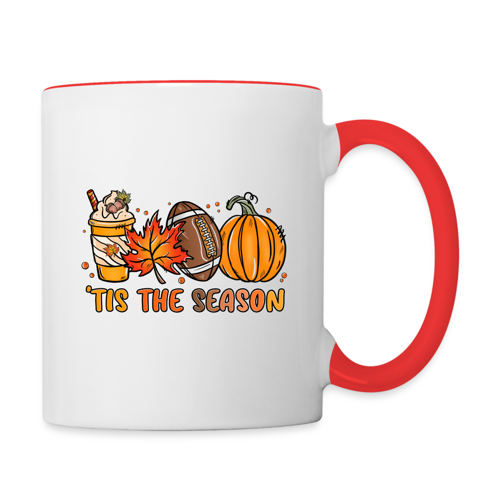 Tis The Season Coffee Mug (Fall/Autumn, Pumpkins & Football) Color: white/red