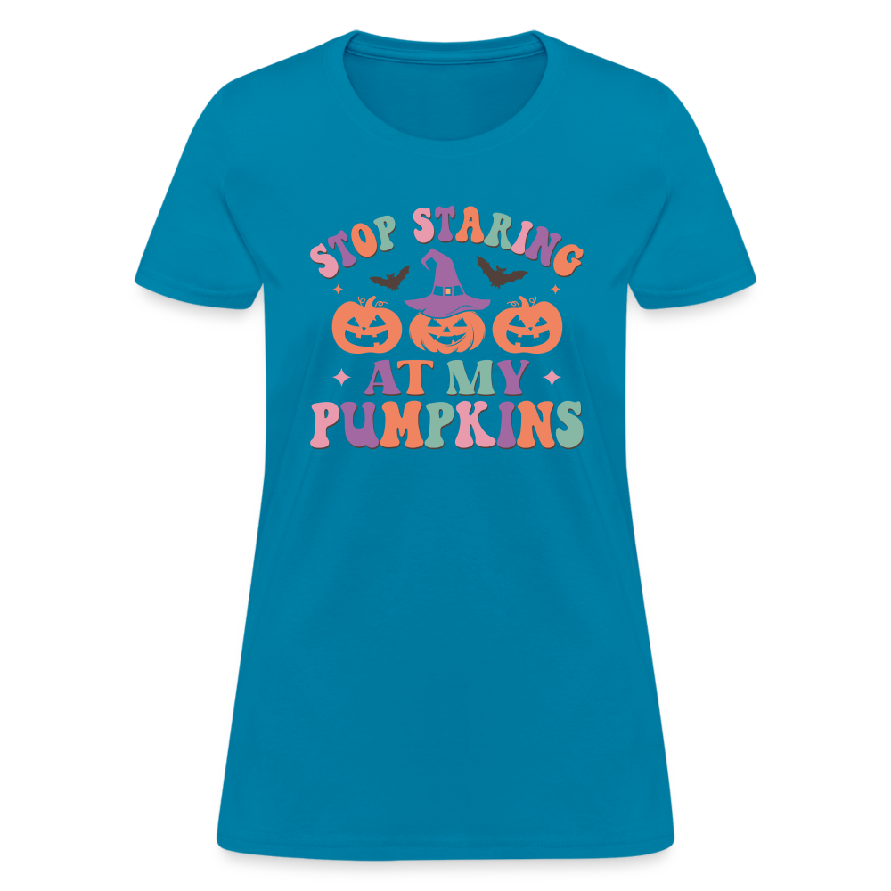Stop Staring At My Pumpkins Women's Contoured T-Shirt Color: white