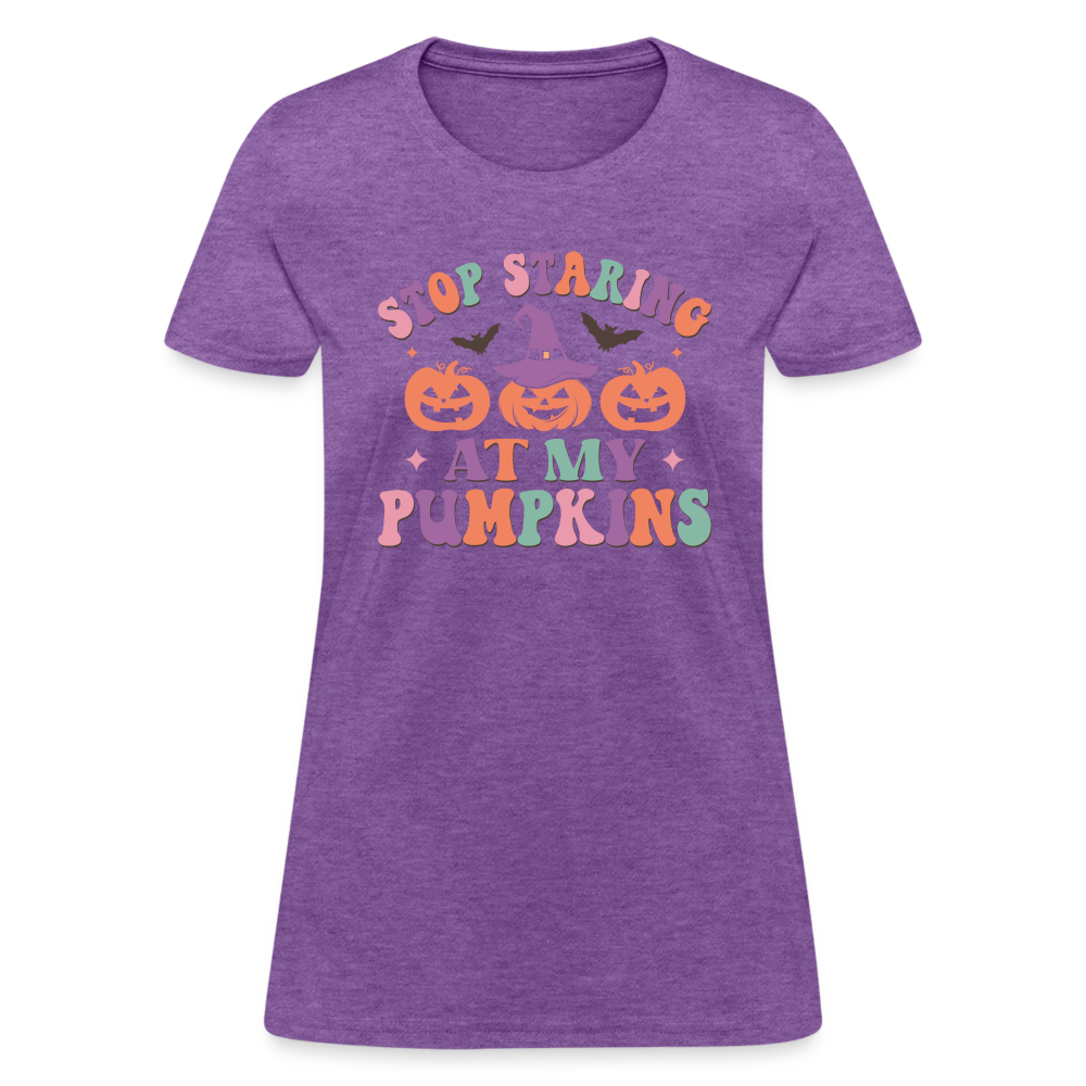 Stop Staring At My Pumpkins Women's Contoured T-Shirt Color: purple heather