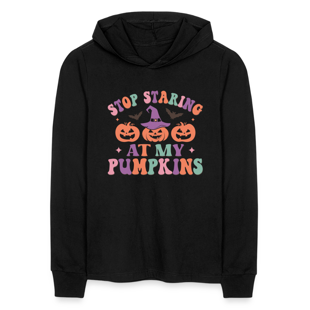 Stop Staring At My Pumpkins Long Sleeve Hoodie Shirt Color: black