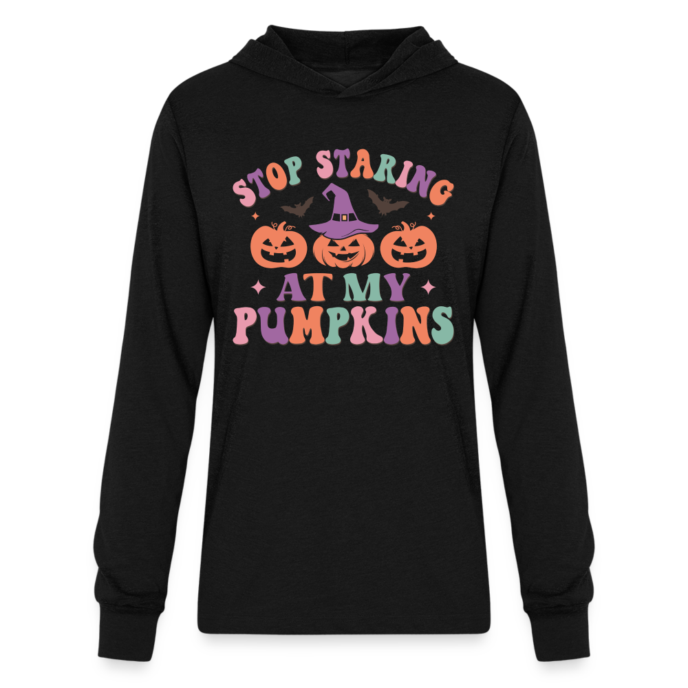 Stop Staring At My Pumpkins Long Sleeve Hoodie Shirt Color: heather black