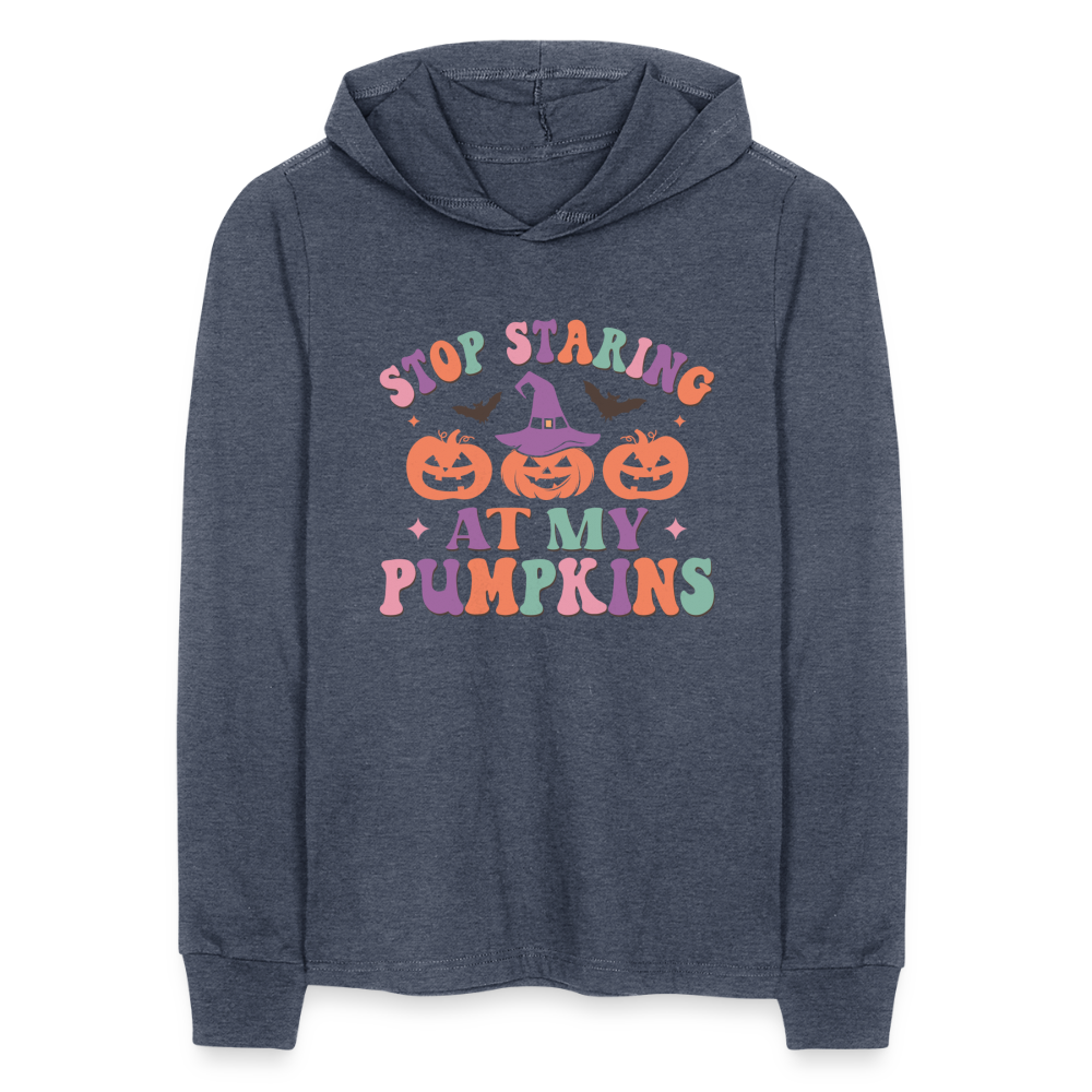 Stop Staring At My Pumpkins Long Sleeve Hoodie Shirt Color: heather black