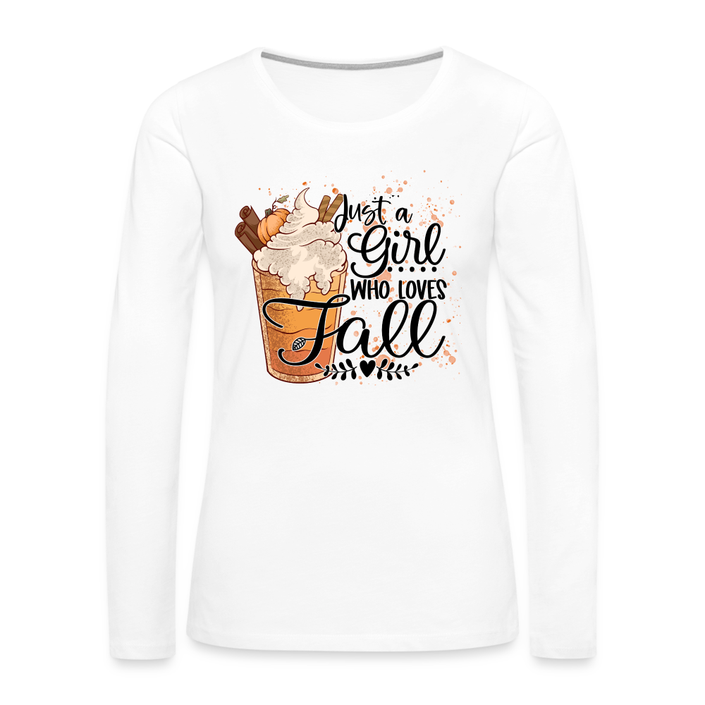 Just A Girl Who Loves Fall Women's Premium Long Sleeve T-Shirt Color: heather ice blue