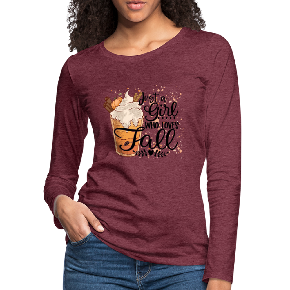 Just A Girl Who Loves Fall Women's Premium Long Sleeve T-Shirt Color: heather ice blue