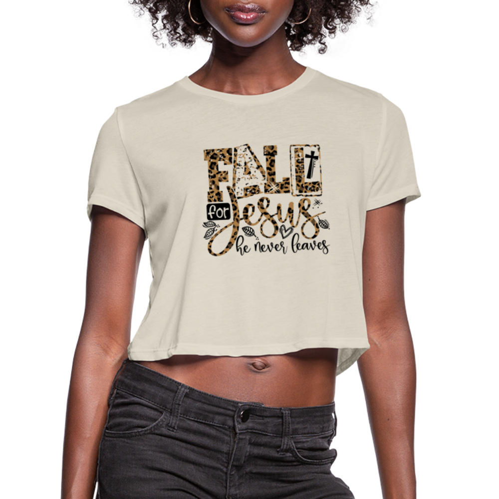 Fall for Jesus he Never Leaves Women's Cropped T-Shirt Color: white