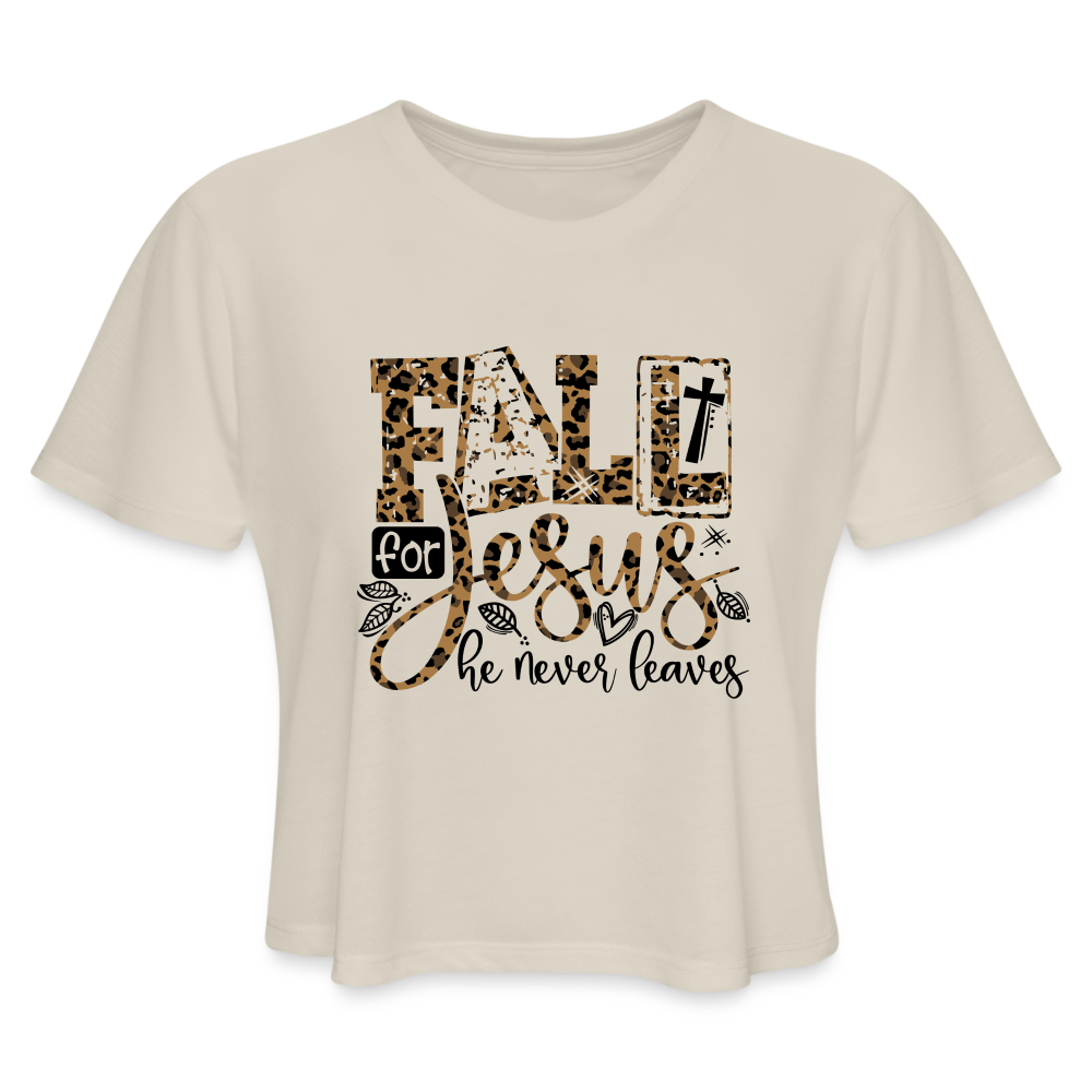 Fall for Jesus he Never Leaves Women's Cropped T-Shirt Color: dust