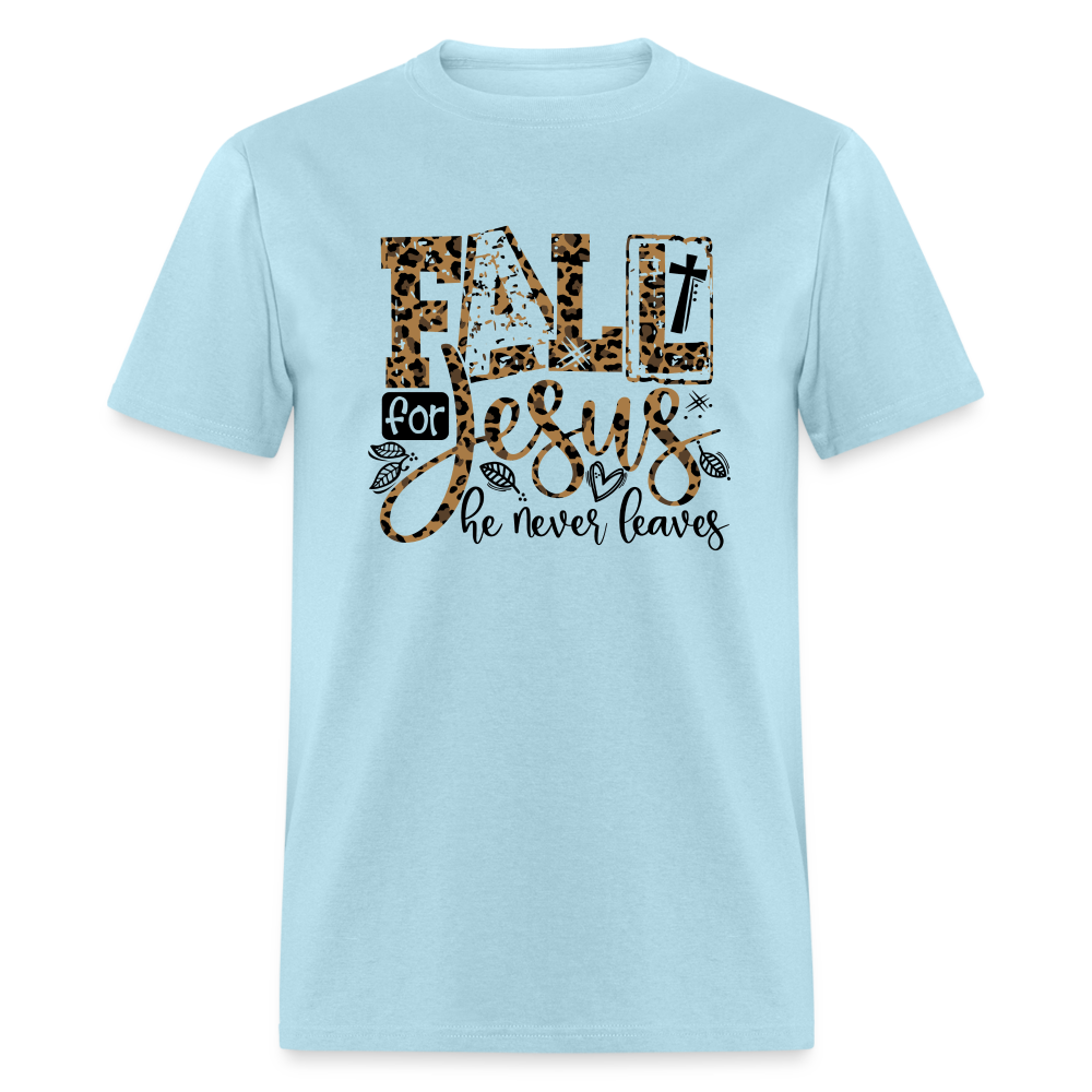 Fall for Jesus He Never Leaves T-Shirt - powder blue