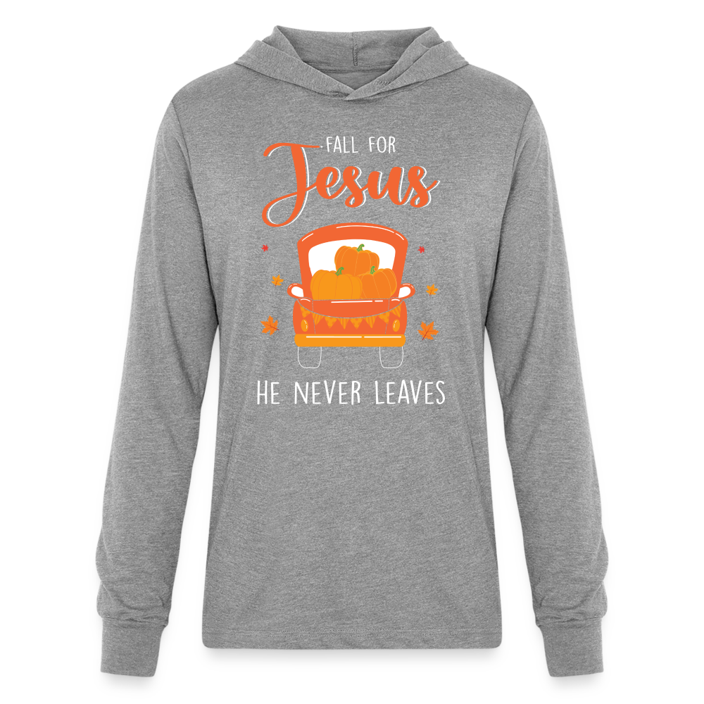 Fall For Jesus He Never Leaves Hoodie Shirt Color: heather grey