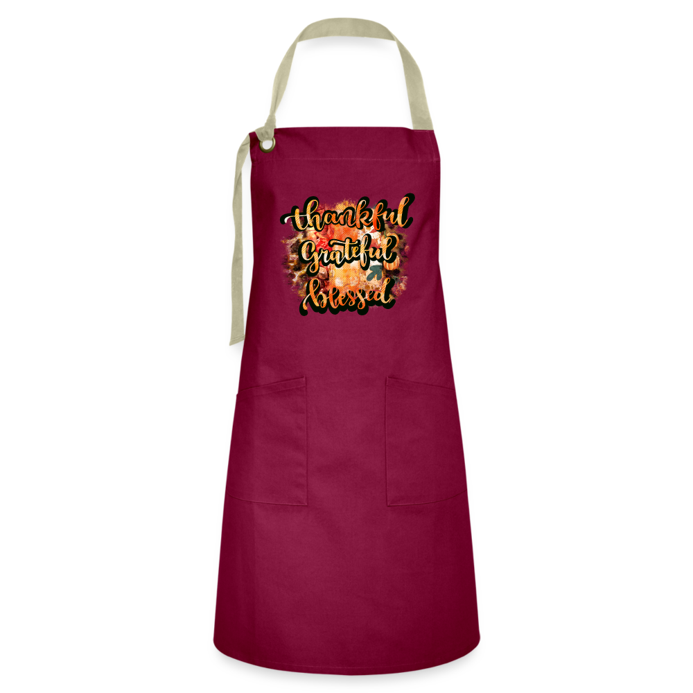 Thankful Grateful Blessed - Artisan Apron Color: burgundy/khaki